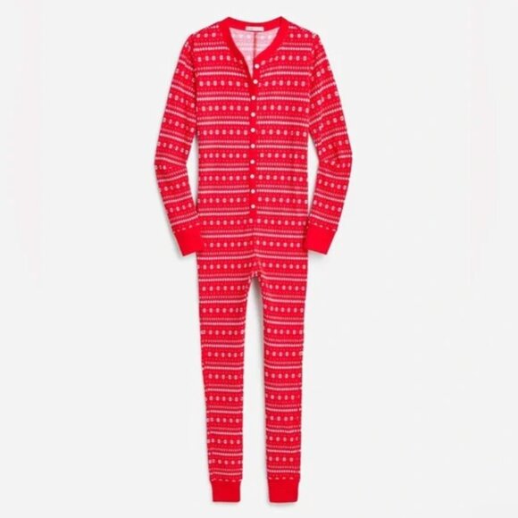NWT! J. Crew Waffe Henley Fair Isle Red Button-Up Onesie Pajamas. Size Medium - Picture 3 of 14
